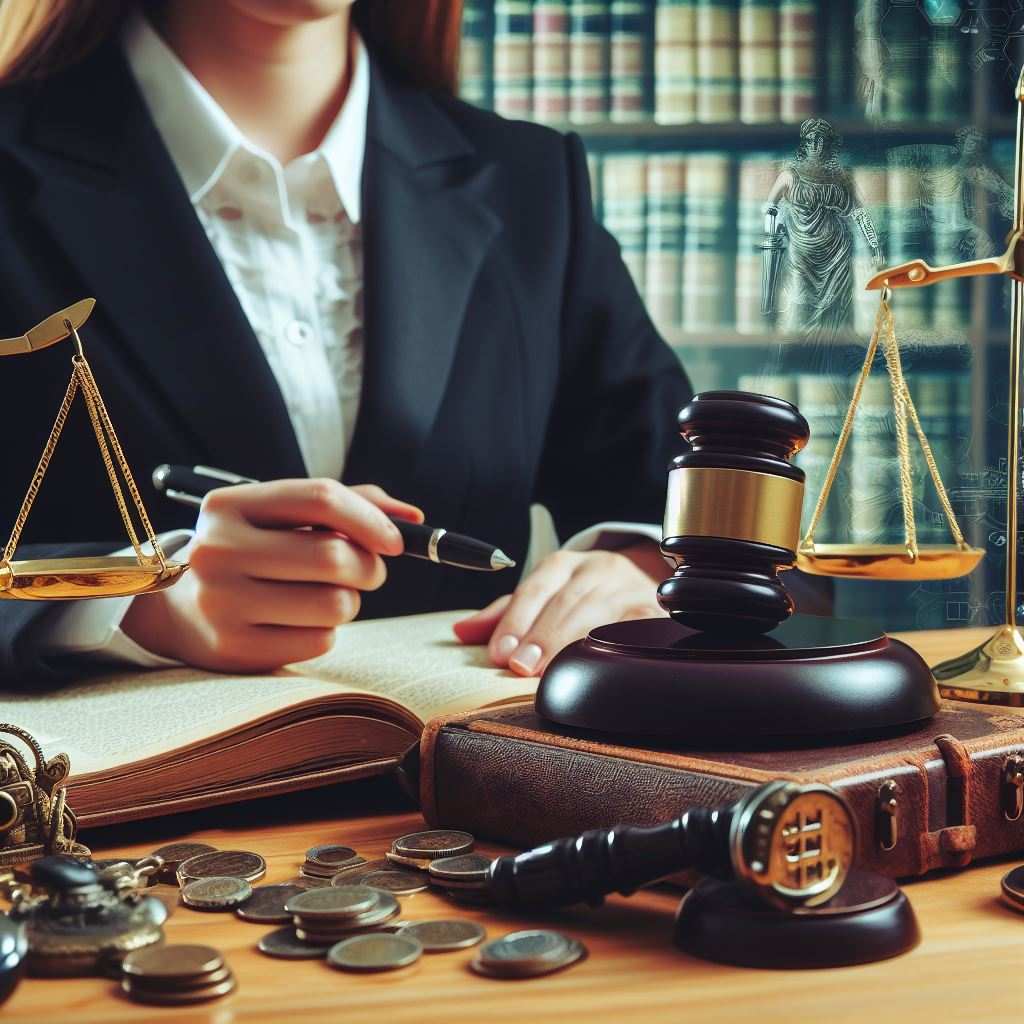 Avocate assise à son bureau, entourée de symboles de la justice comme une balance en or, un marteau de juge et des pièces de monnaie, évoquant l'administration de la justice et les considérations financières dans le droit.