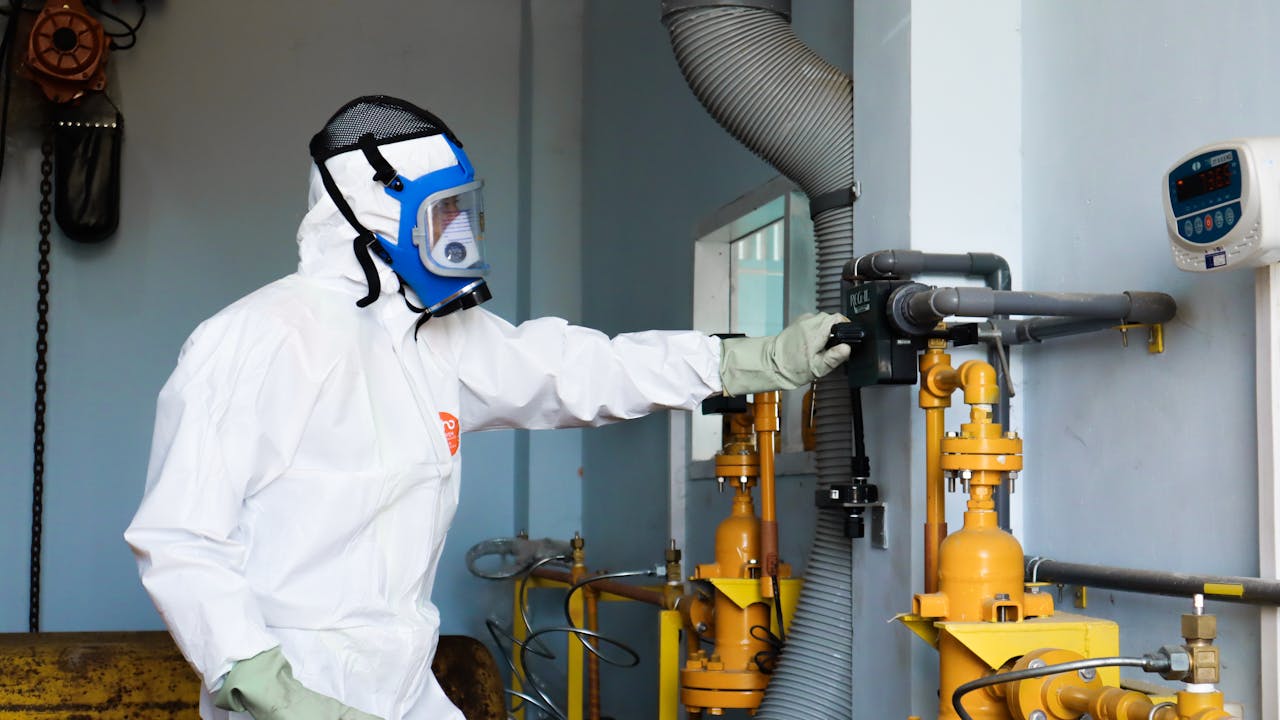 Technicien équipé d’une combinaison de protection intégrale et d’un masque filtrant, manipulant un système de tuyauterie dans un environnement industriel sensible.